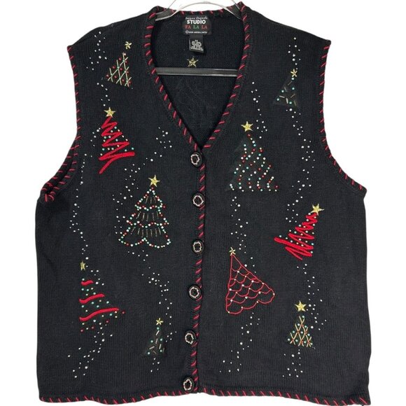 Vintage Studio Fa La La Sweater Vest Cardigan Christmas Tree Embroidery Size 2X - Picture 1 of 5